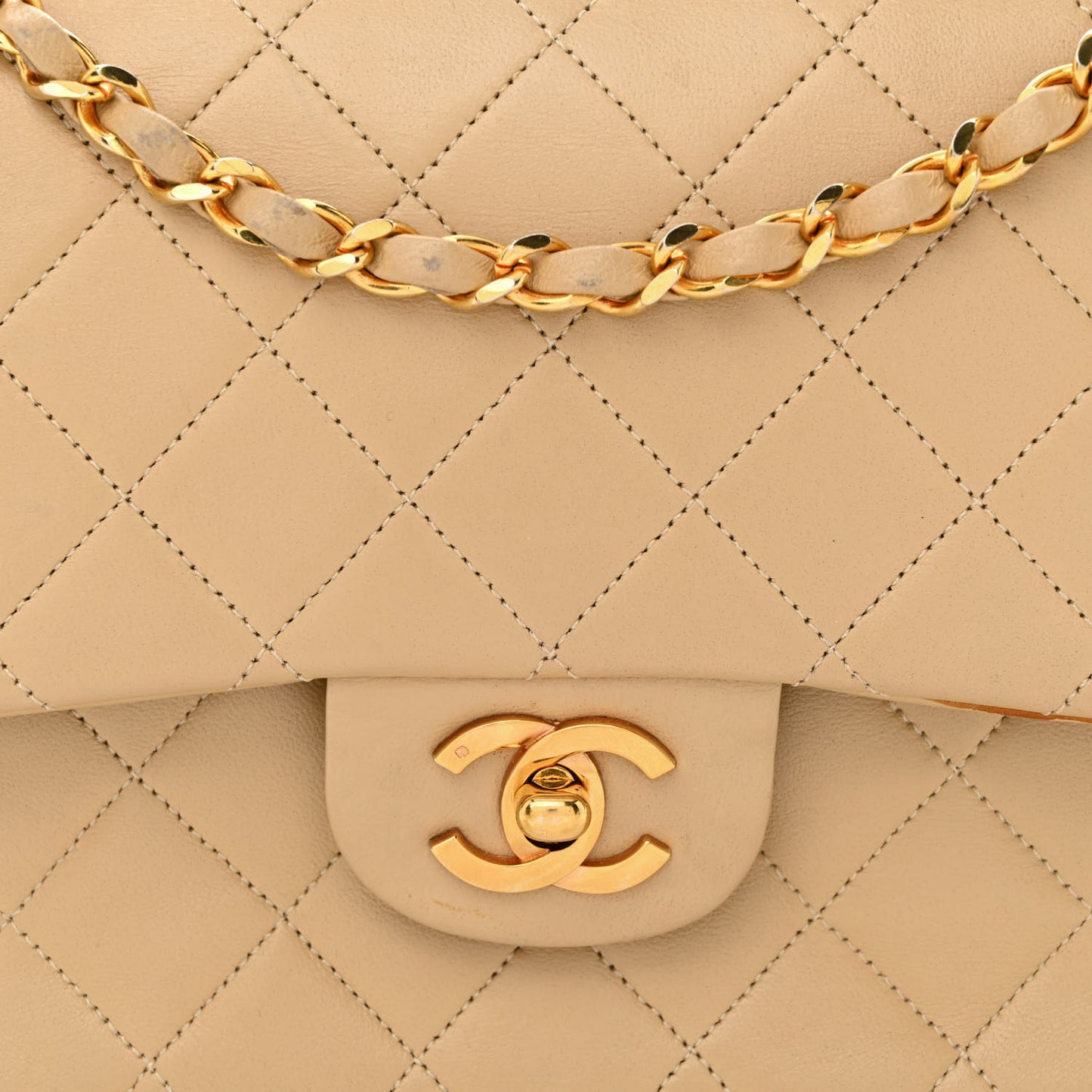 Lambskin Quilted Medium Double Flap Beige