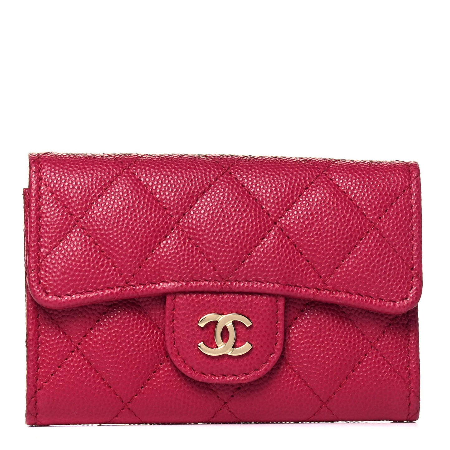 Caviar Quilted Flap Card Holder Wallet Dark Pink