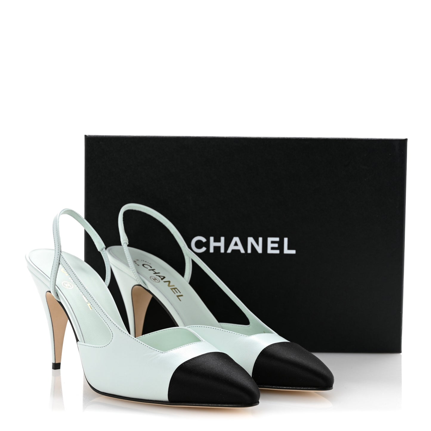 Goatskin Mixed Fibers Cap Toe Slingback Pumps 40 Light Green Black