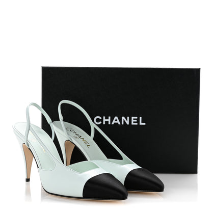 Chanel Goatskin Mixed Fibers Cap Toe Slingback Pumps 40 Light Green Black 10 of 10