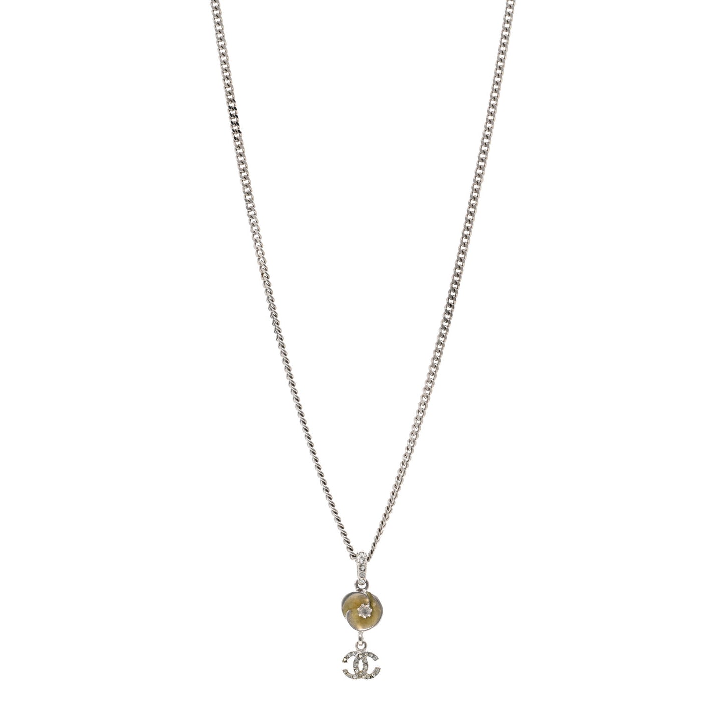 Metal Resin Crystal CC Camellia Necklace Silver