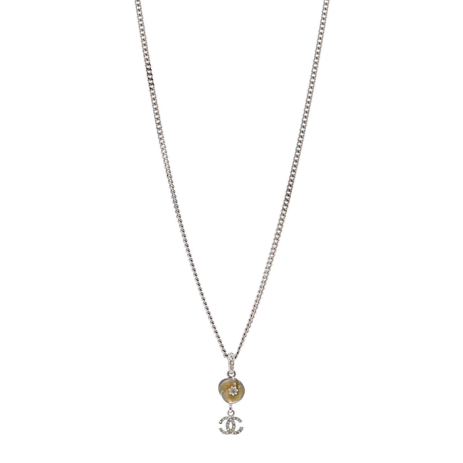 Chanel Metal Resin Crystal CC Camellia Necklace Silver 1 of 6