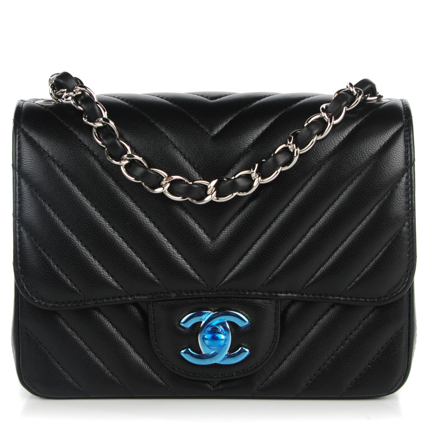 Lambskin Chevron Quilted Mini Square Flap Black