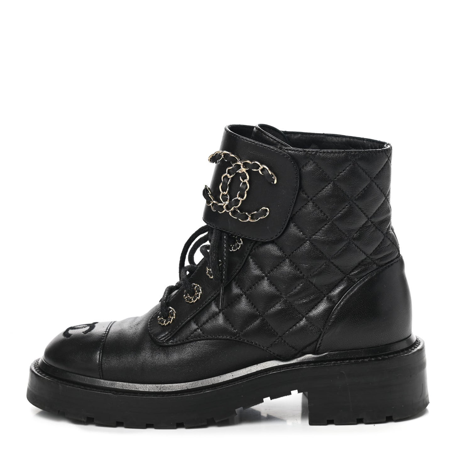 Shiny Lambskin Quilted Lace Up Combat Boots 35 Black