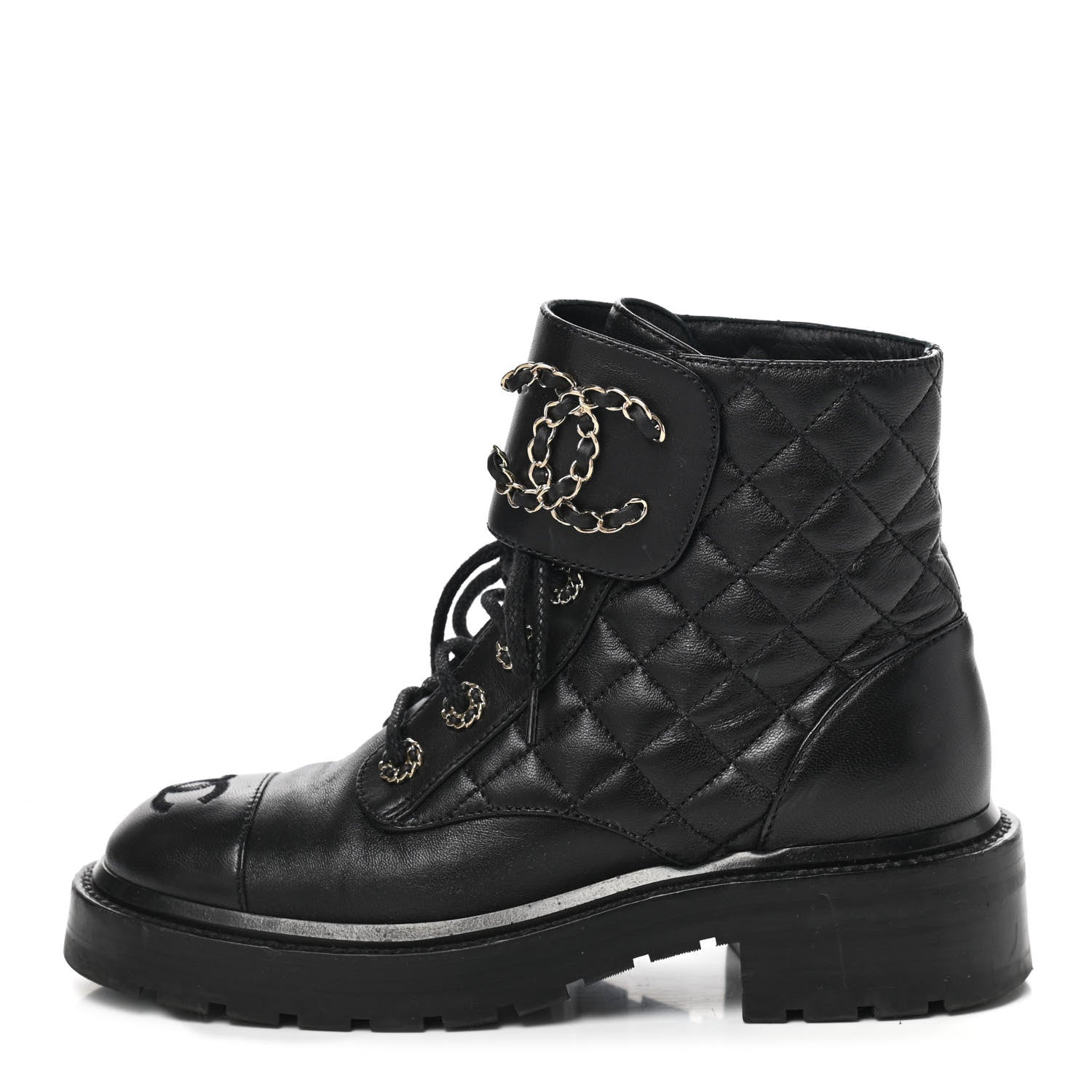 Chanel Shiny Lambskin Quilted Lace Up Combat Boots 35 Black 1 of 11