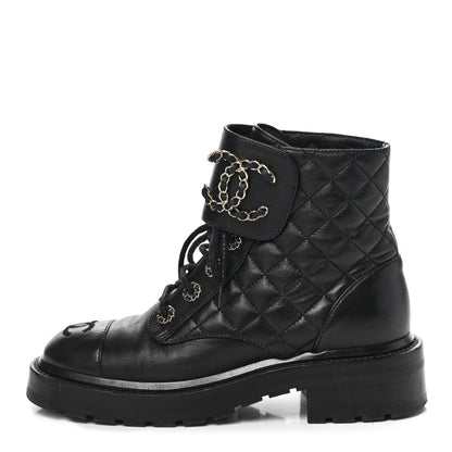Chanel Shiny Lambskin Quilted Lace Up Combat Boots 35 Black 1 of 11