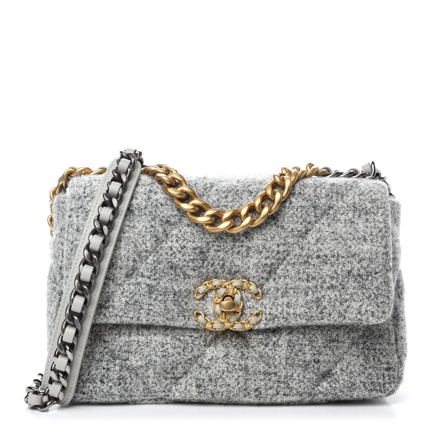 Tweed Quilted Medium Chanel 19 Flap Grey Ecru