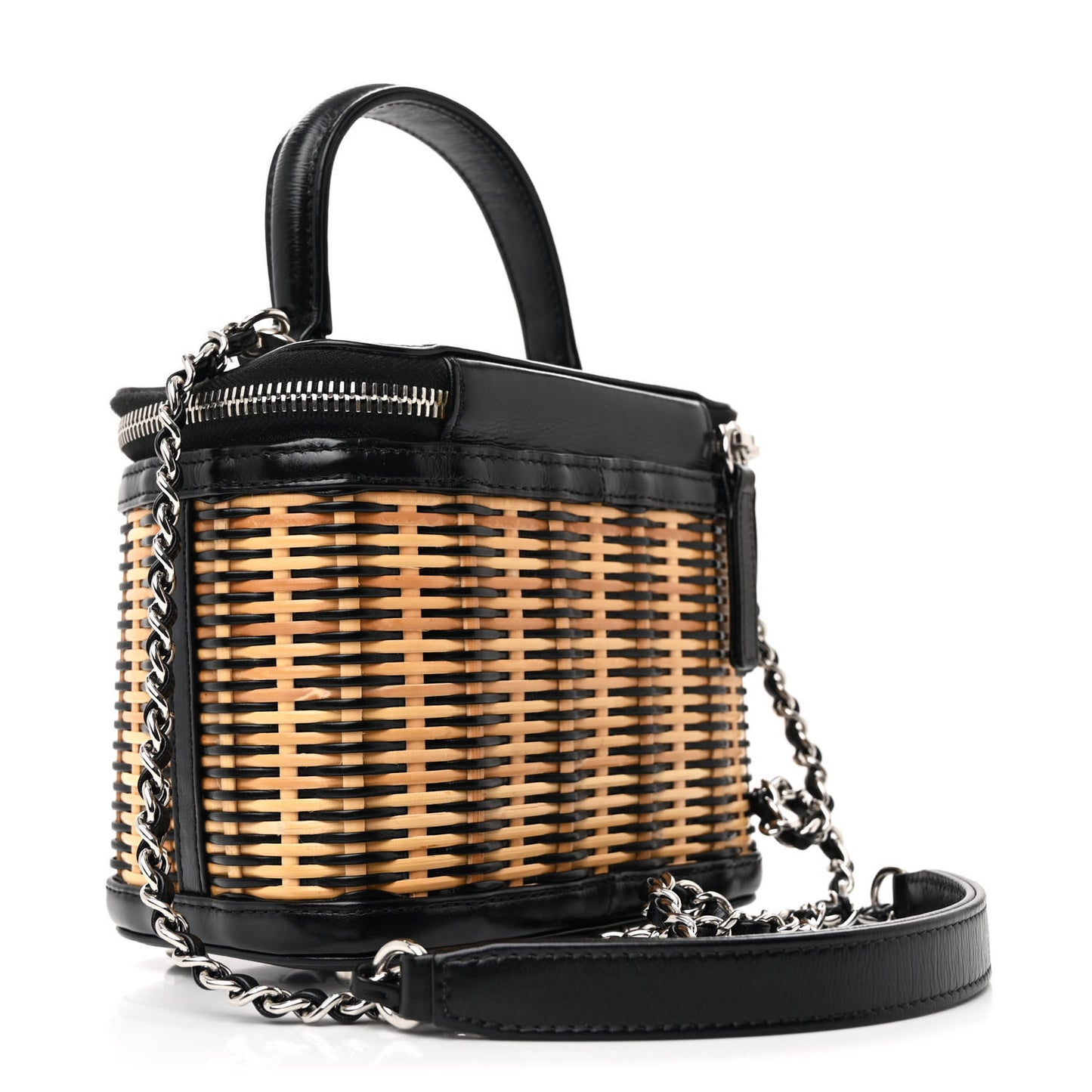 Calfskin Raffia Small Vanity Case Bag Black Beige