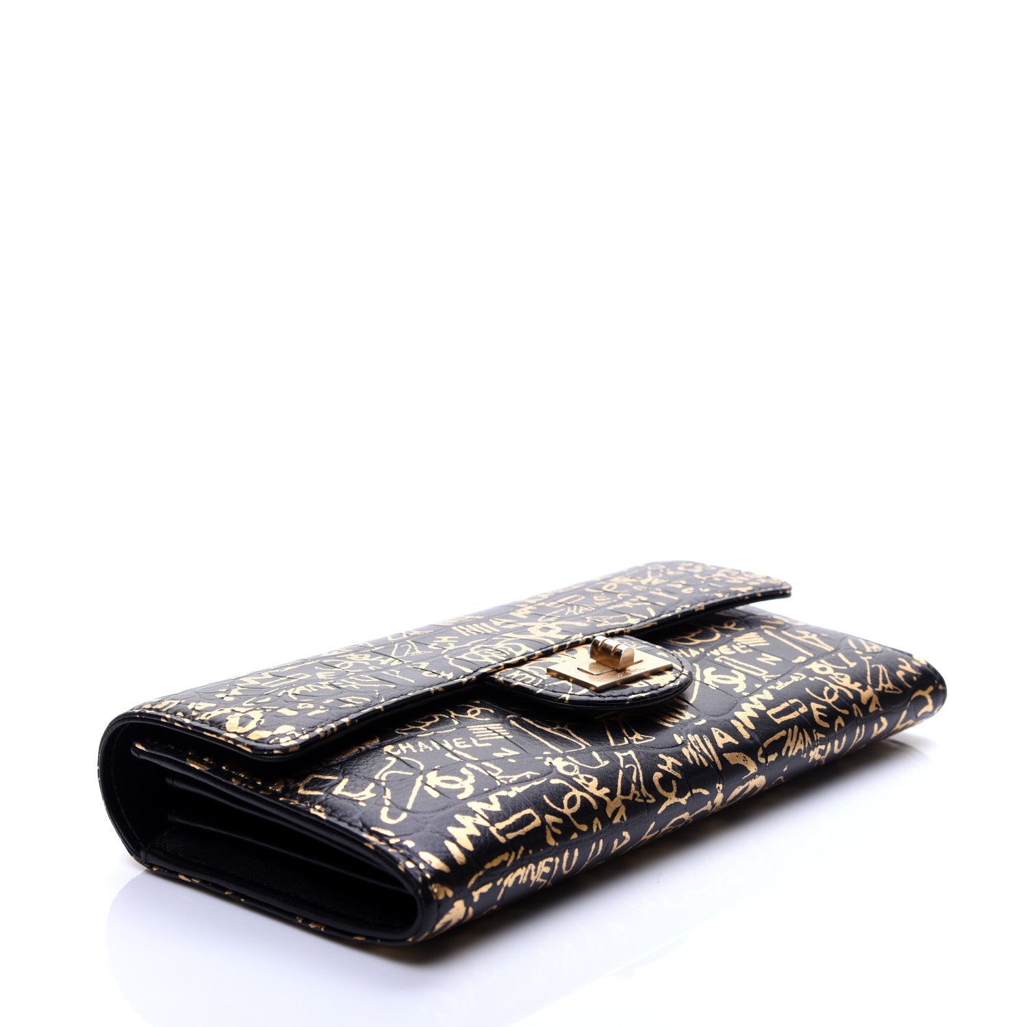 Chanel Calfskin Crocodile Embossed Graffiti 2.55 Cocodile Reissue Long Flap Black Gold 4 of 14