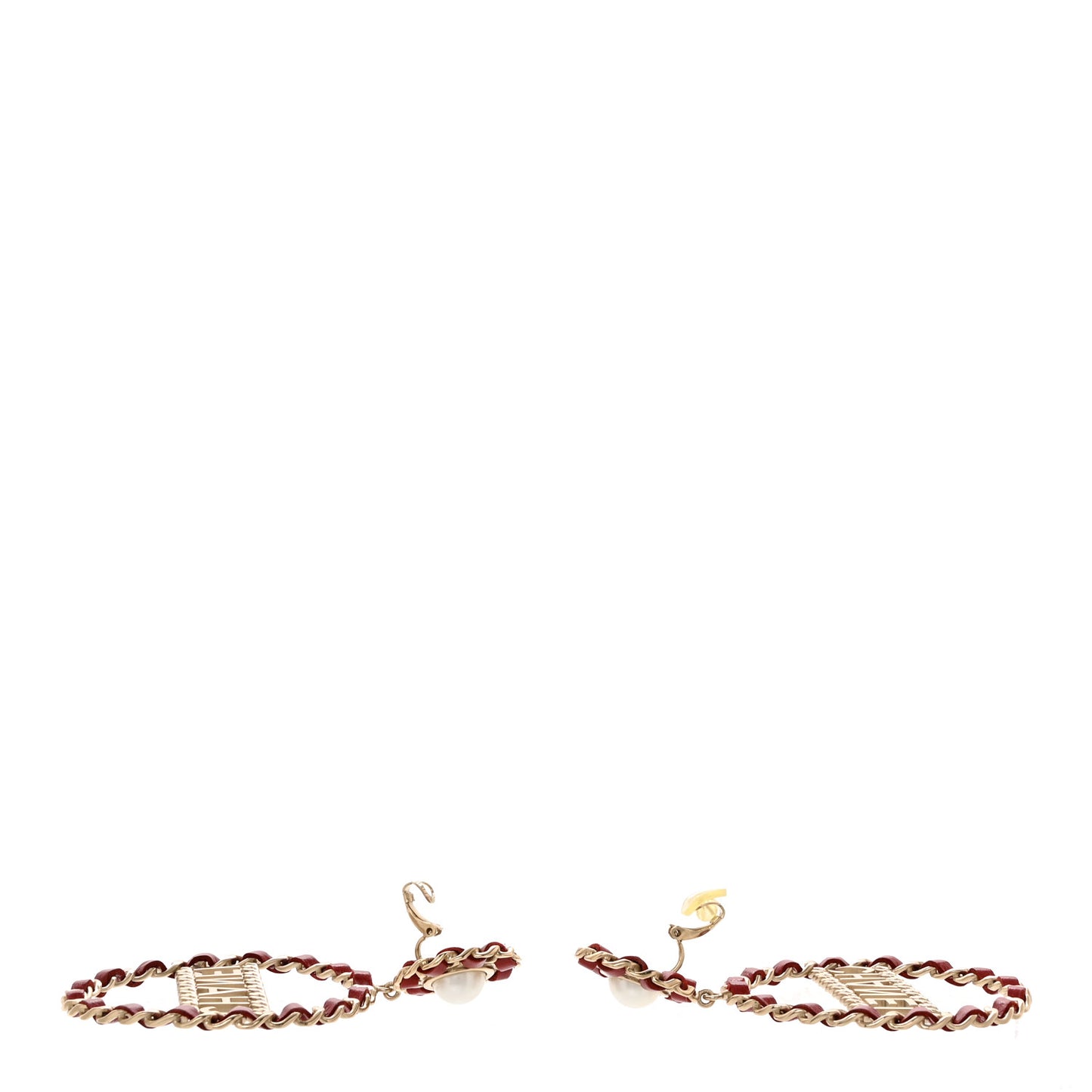 Pearl Lambskin Chain Logo Hoop Clip On Earrings Red Gold