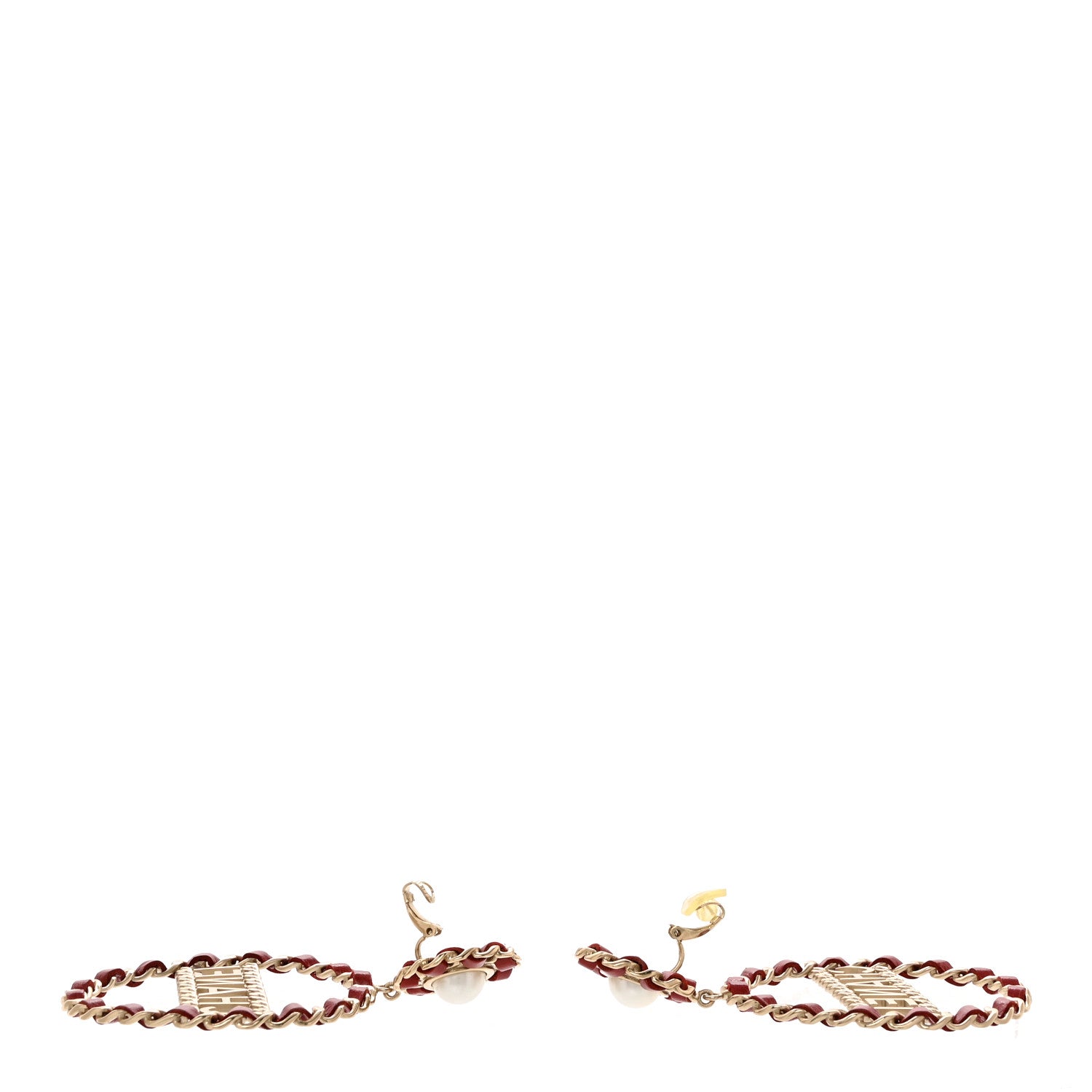 Chanel Pearl Lambskin Chain Logo Hoop Clip On Earrings Red Gold 3 of 4