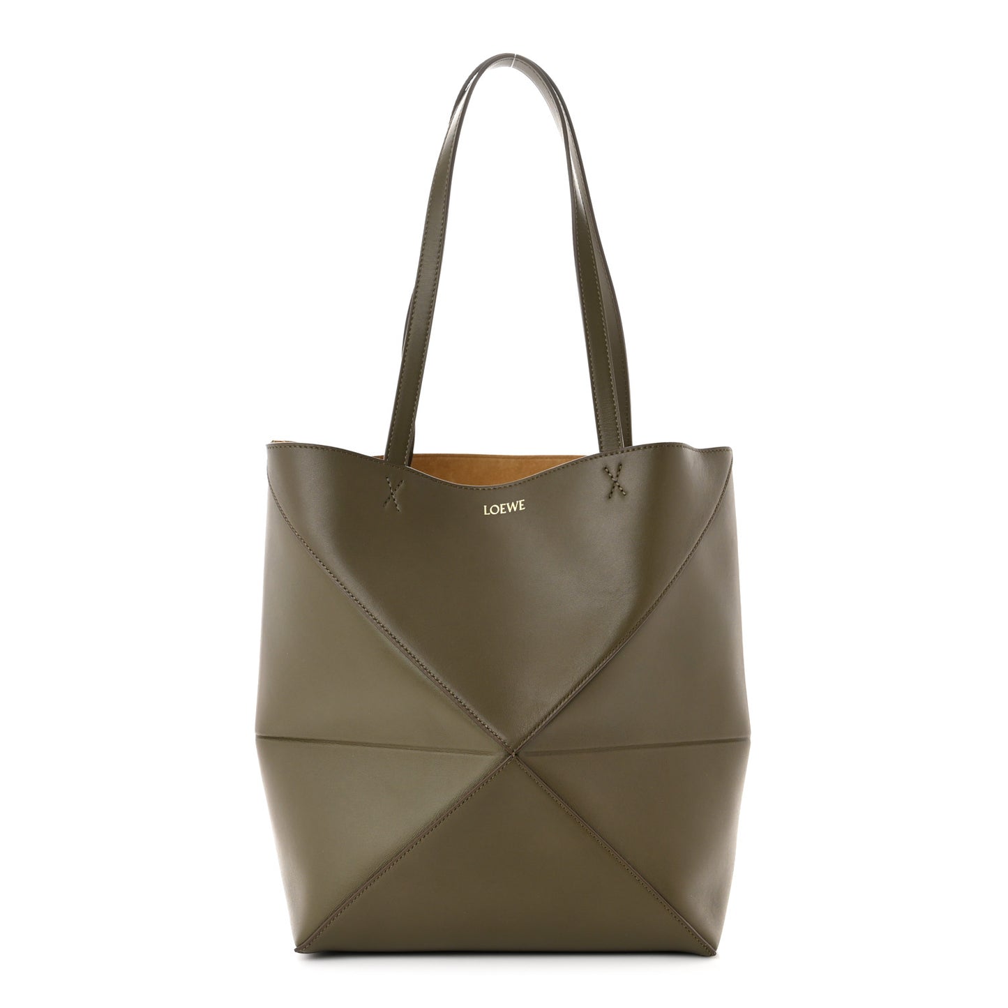 Shiny Calfskin Medium Puzzle Fold Tote Dark Khaki Green