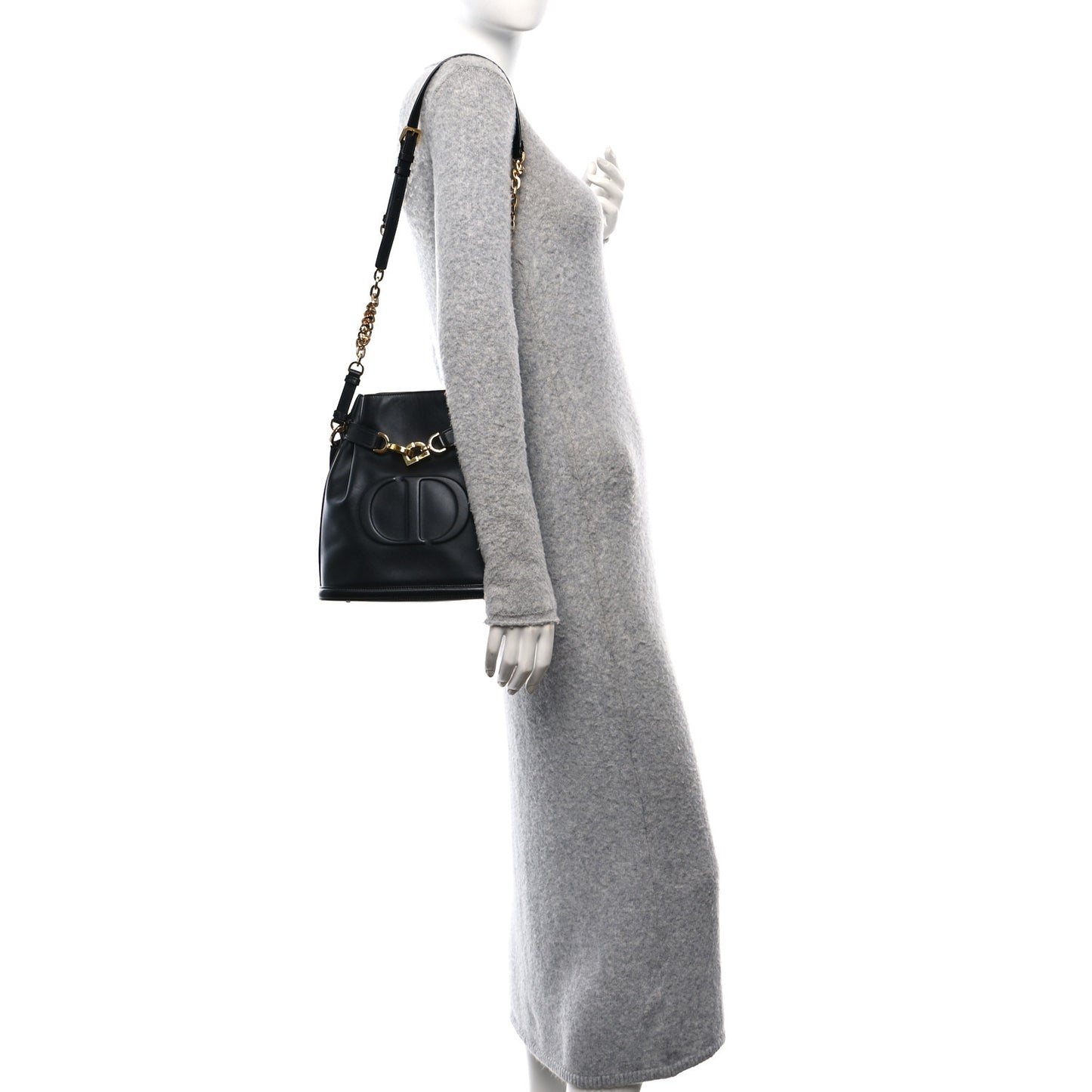 Calfskin CD Embossed Medium C'est Chain Bucket Bag Black