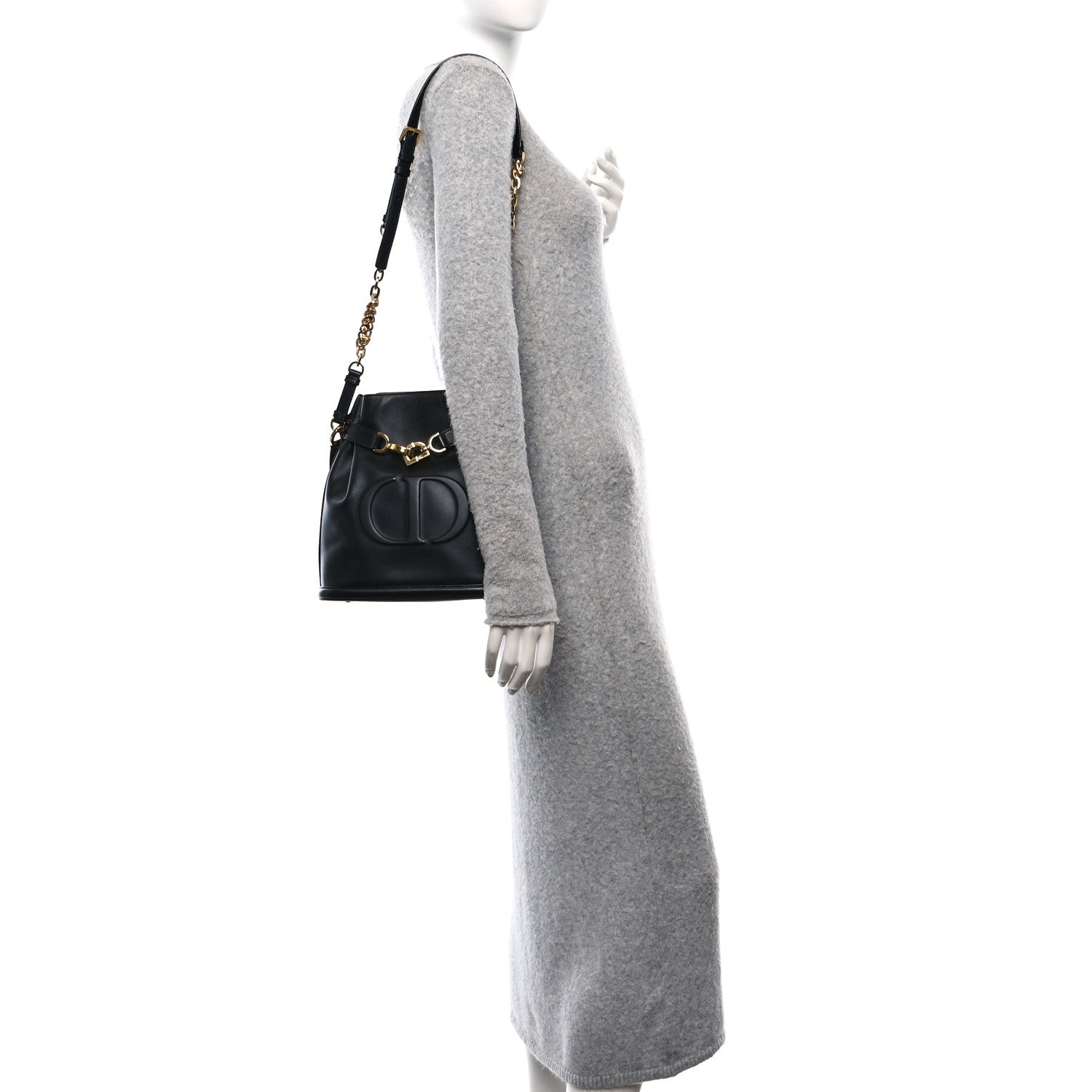 Christian Dior Calfskin CD Embossed Medium C'est Chain Bucket Bag Black 2 of 9