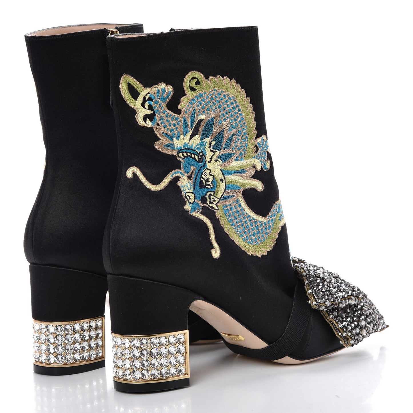 Silk Satin Malaga Kid Embroidered Candy Dragon Block-Heel Ankle Boot 37 Black