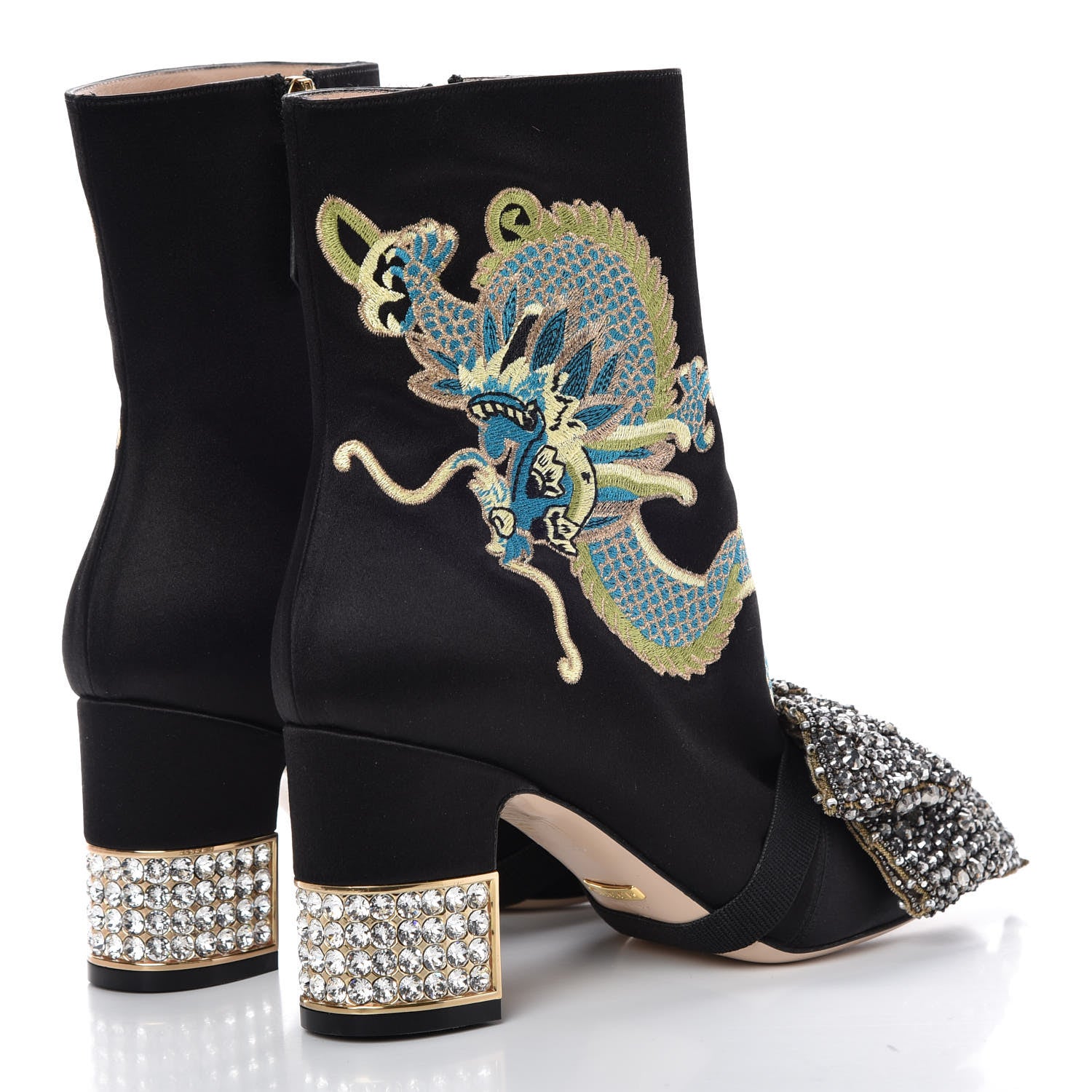 Gucci Silk Satin Malaga Kid Embroidered Candy Dragon Block-Heel Ankle Boot 37 Black 7 of 13