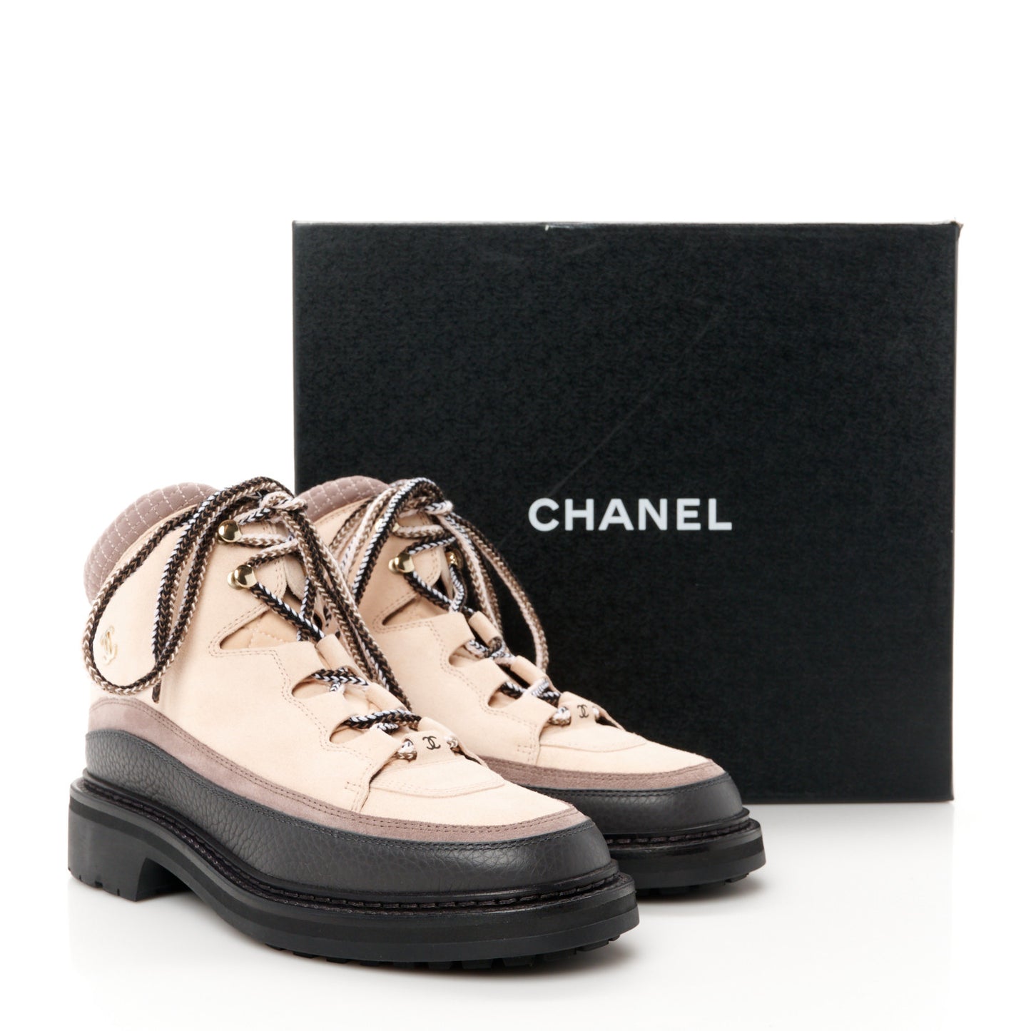 Suede Grained Calfskin CC Lace Up Boots 39 Light Pink Light Brown Dark Grey