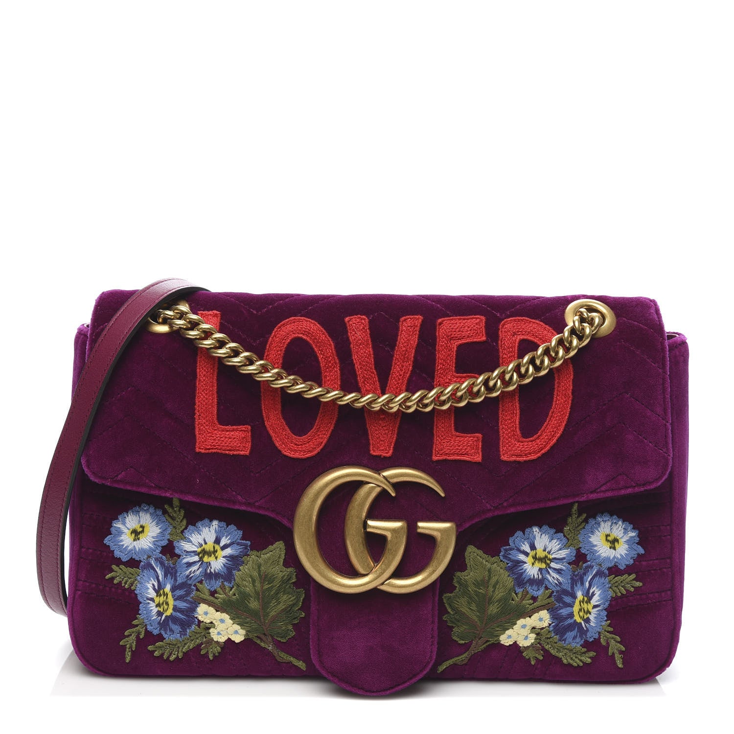 Gucci Velvet Matelasse Loved Embroidered Medium GG Marmont Shoulder Bag Fuchsia Violet Cyclamen 1 of 10