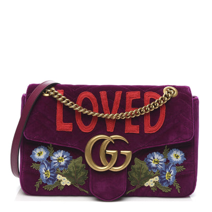 Gucci Velvet Matelasse Loved Embroidered Medium GG Marmont Shoulder Bag Fuchsia Violet Cyclamen 1 of 10