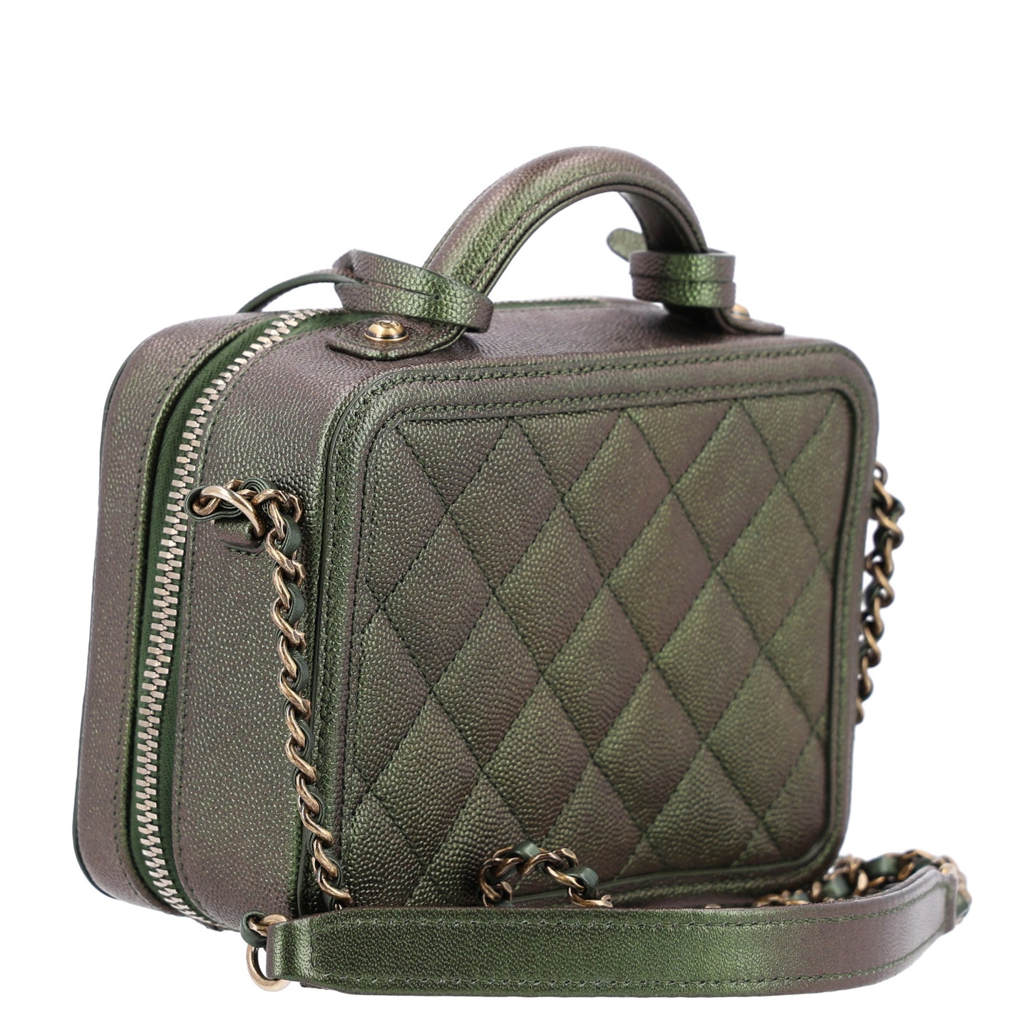 Iridescent Caviar Quilted Small CC Filigree Vanity Case Green