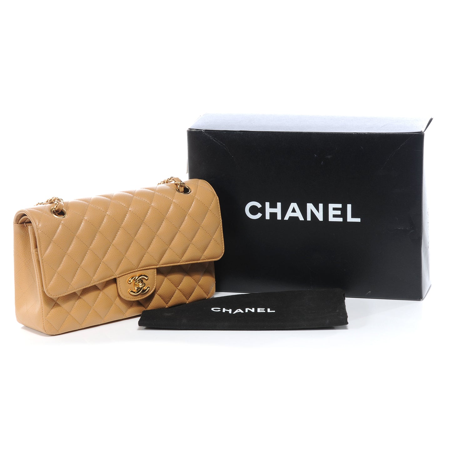 Caviar Quilted Medium Double Flap Beige