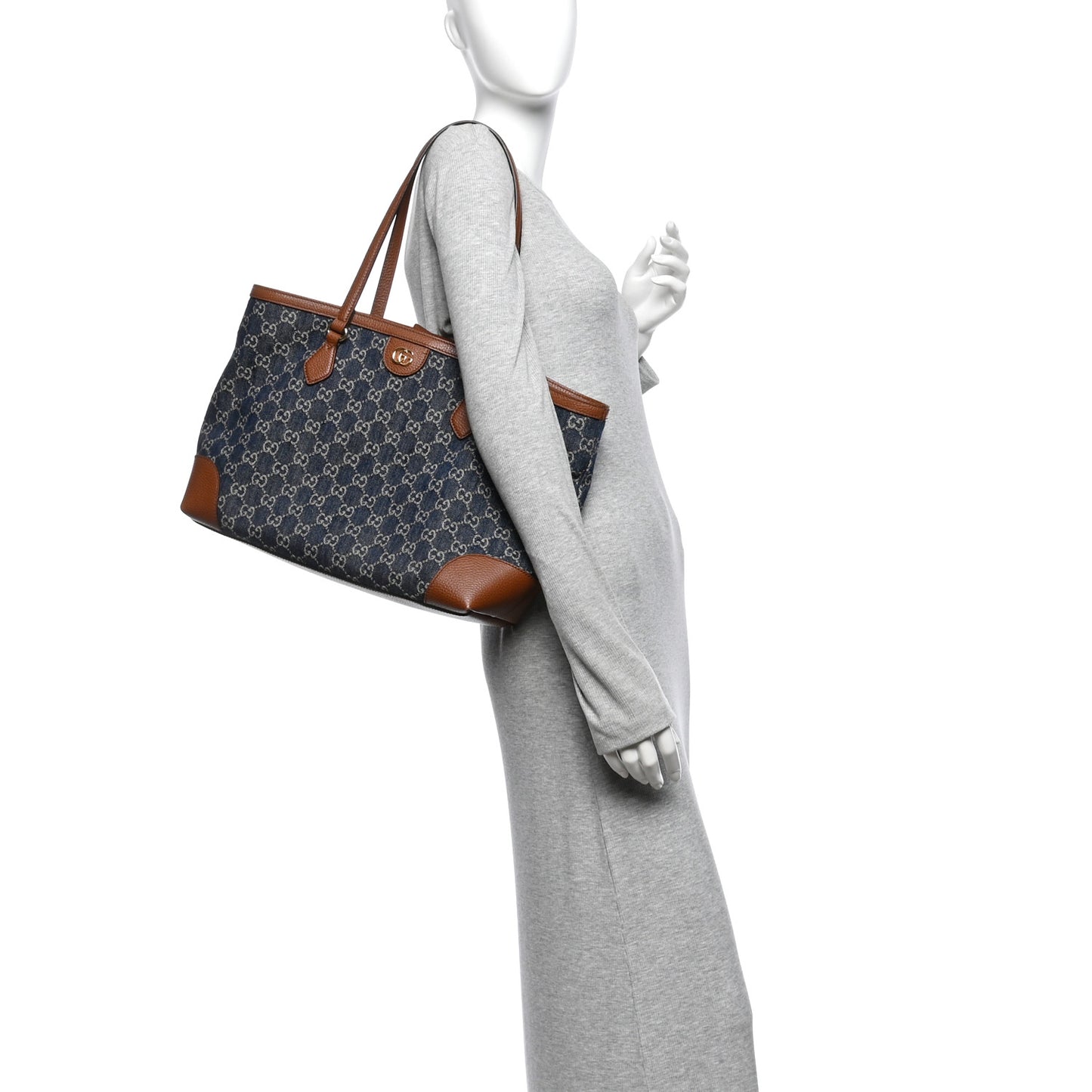 New Denim GG Monogram Medium Ophidia Shopping Tote Blue Tea Cuir
