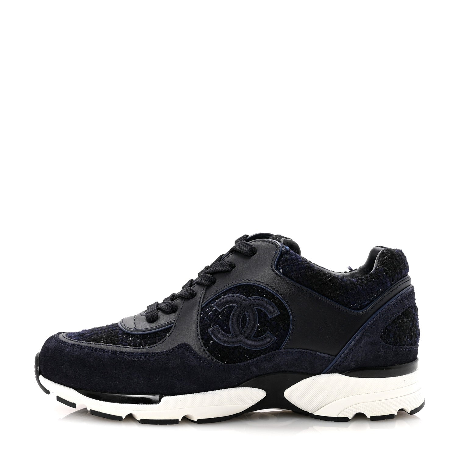 Chanel Tweed Suede Womens CC Sneakers 38 Black Blue 1790337