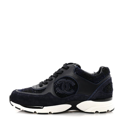 Chanel Tweed Suede Womens CC Sneakers 38 Black Blue 1 of 9