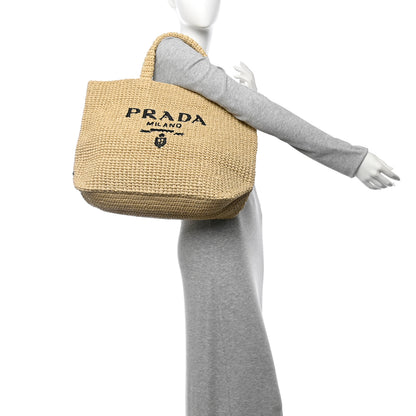 Prada Yarn Raffia Effect Crochet Embroidered Logo Tote Naturale 2 of 10