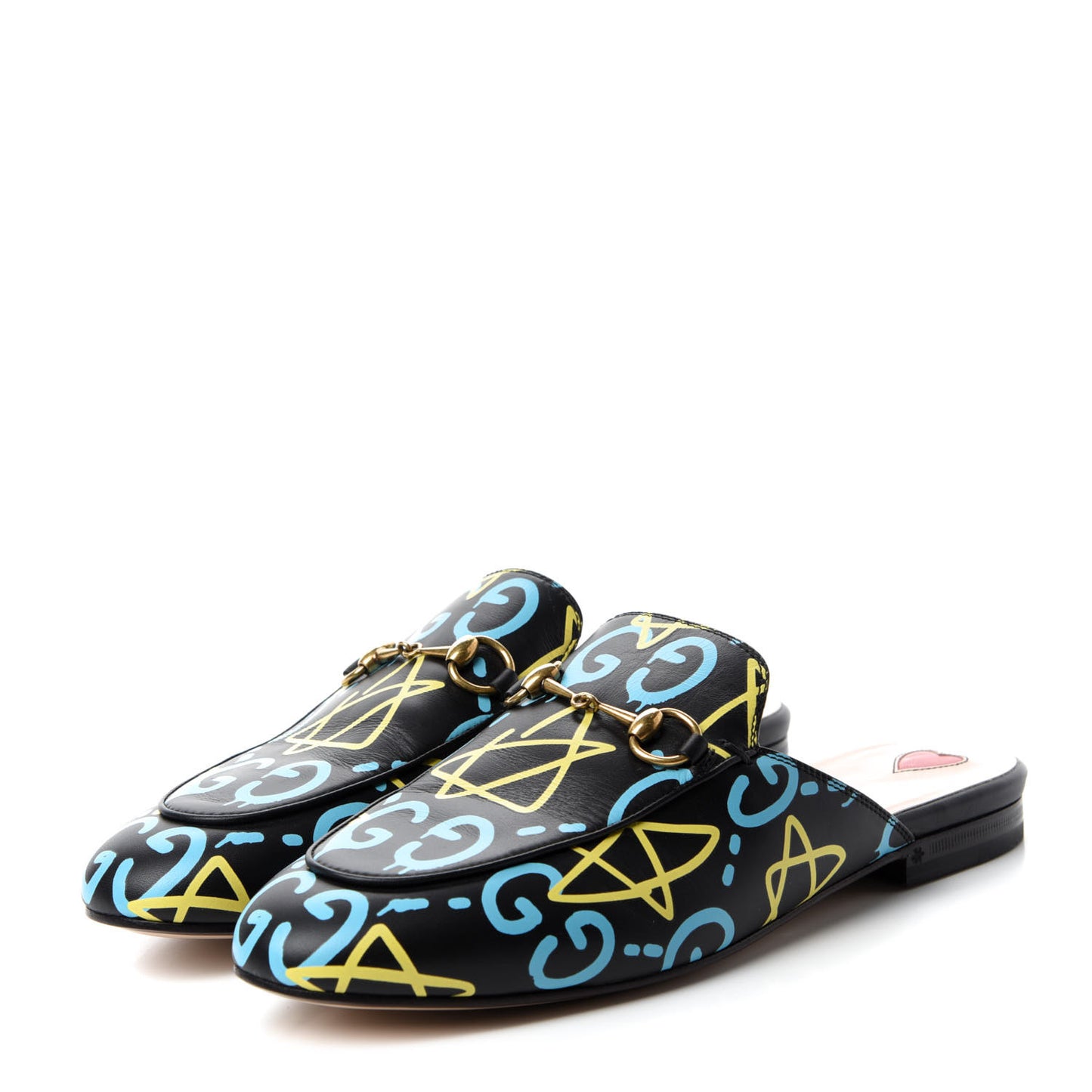 Calfskin GucciGhost Print Womens Princetown Slippers 38.5 Black New Acquamarine