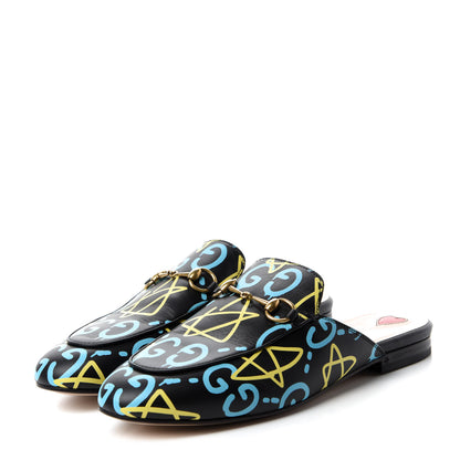 Gucci Calfskin GucciGhost Print Womens Princetown Slippers 38.5 Black New Acquamarine 3 of 10