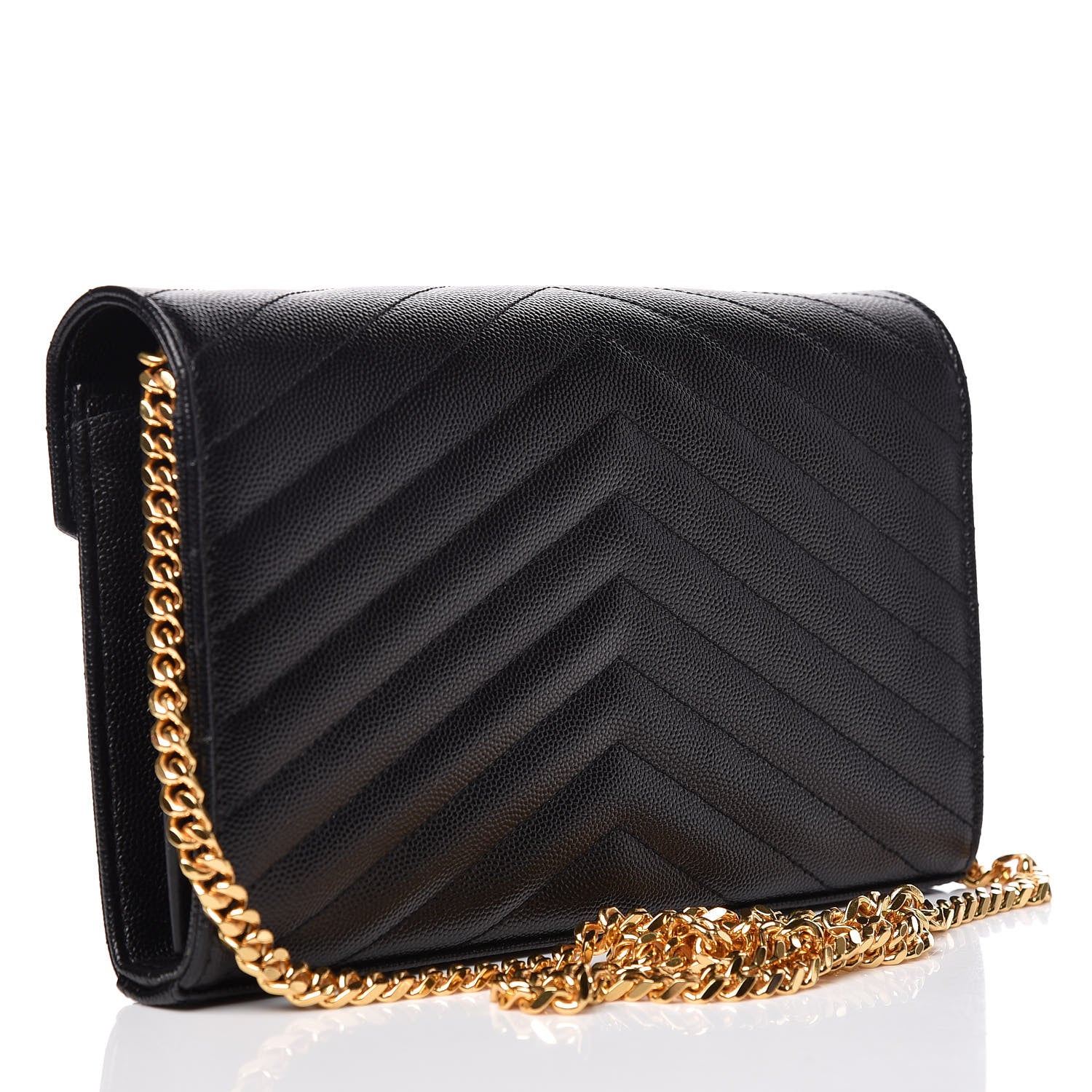 Saint Laurent Grain De Poudre Matelasse Chevron Monogram Chain Wallet Black 3 of 9
