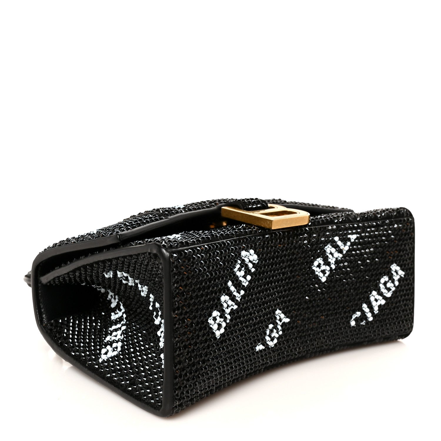 Balenciaga Strass Suede Allover Logo Hourglass Top Handle Bag XS with Chain Black White 4 of 11