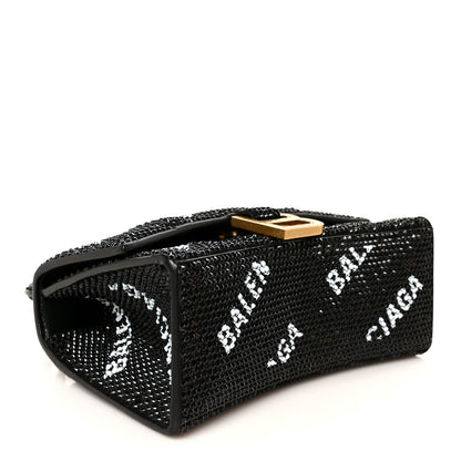 Balenciaga Strass Suede Allover Logo Hourglass Top Handle Bag XS with Chain Black White 4 of 11