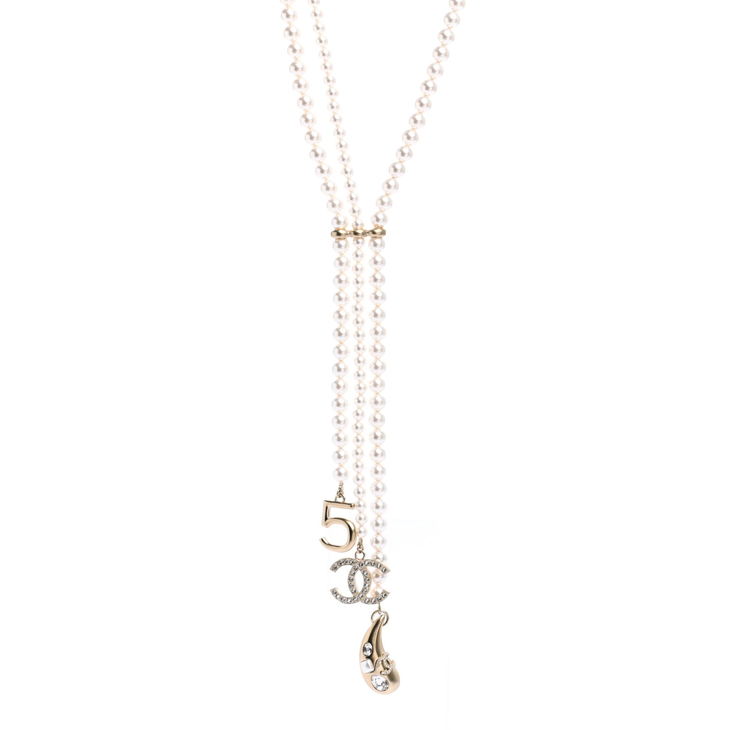 Chanel Pearl Beaded CC Charm Drop Multi Strand Lariat Necklace Pearly White Gold 1 of 7