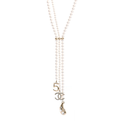 Chanel Pearl Beaded CC Charm Drop Multi Strand Lariat Necklace Pearly White Gold 1 of 7