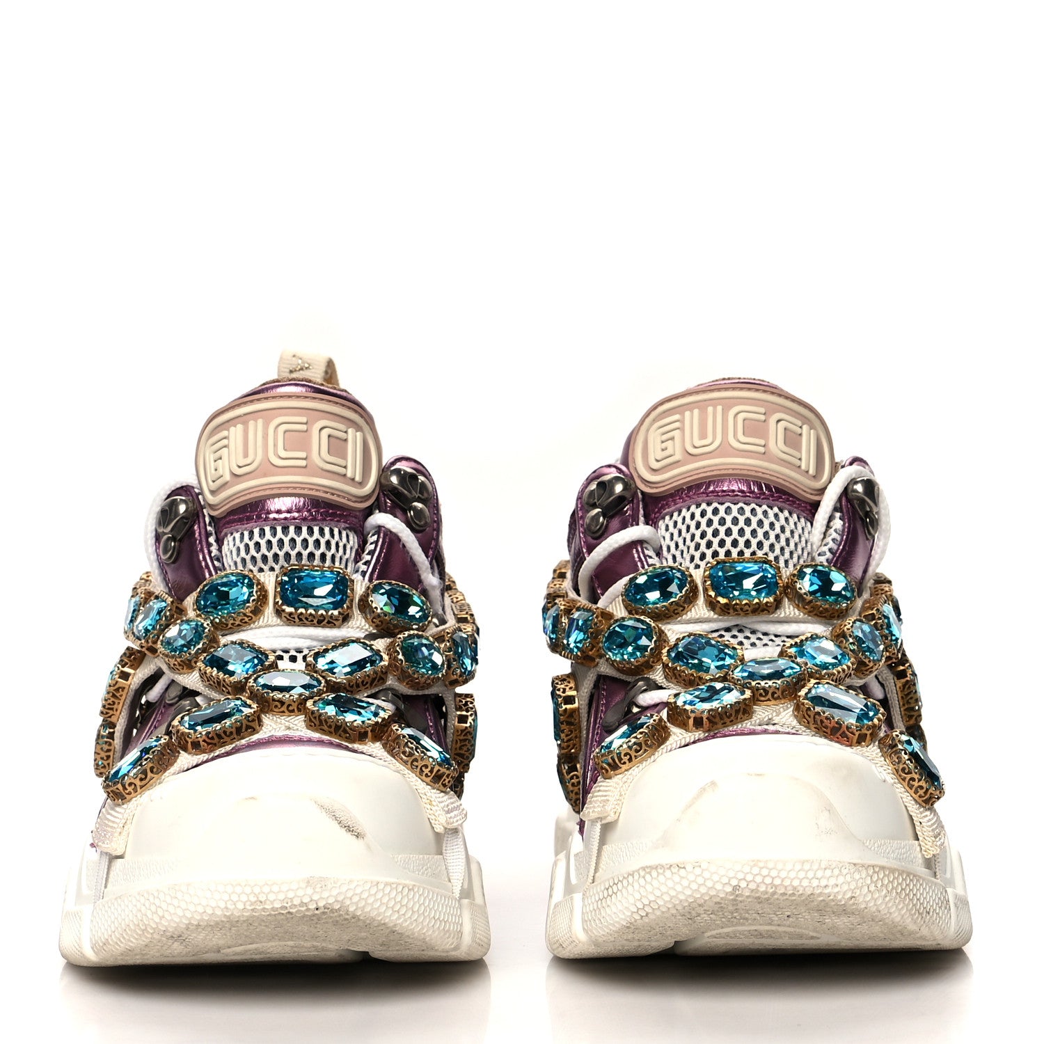 Gucci X SEGA Metallic Calfskin Mesh Removable Crystals Womens Flashtrek Sneakers 35.5 Rosa Great White Silver 2 of 9