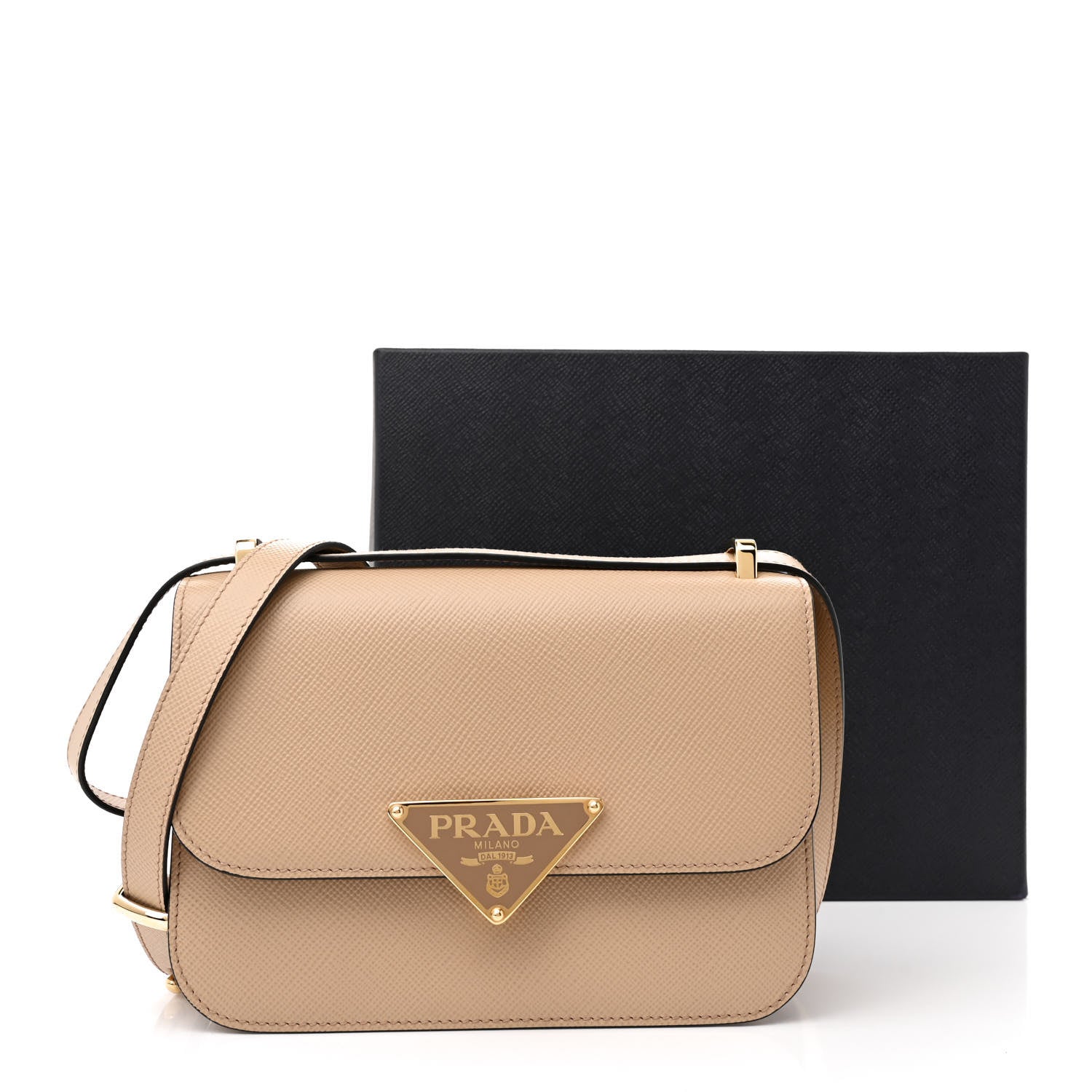Prada Saffiano Cuir Triangle Embleme Flap Shoulder Bag Sabbia