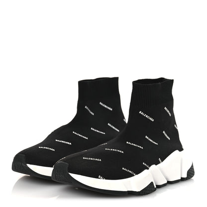 Balenciaga Neoprene Knit Allover Logo Bi-Color Sole Womens Speed Sneakers 35 Black White 7 of 26