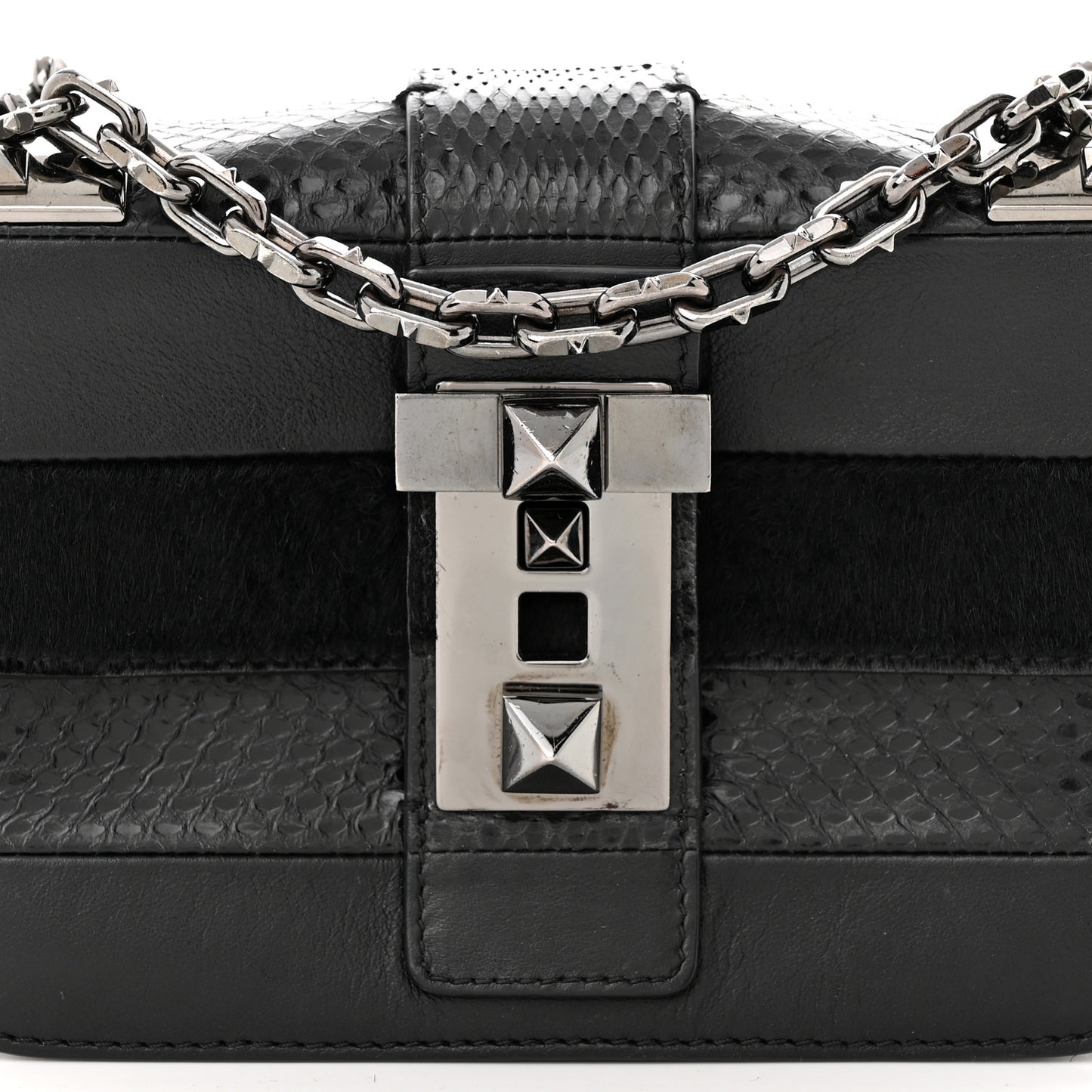 Snakeskin Embossed Vitello Calf Hair B-Rockstud Flap Black