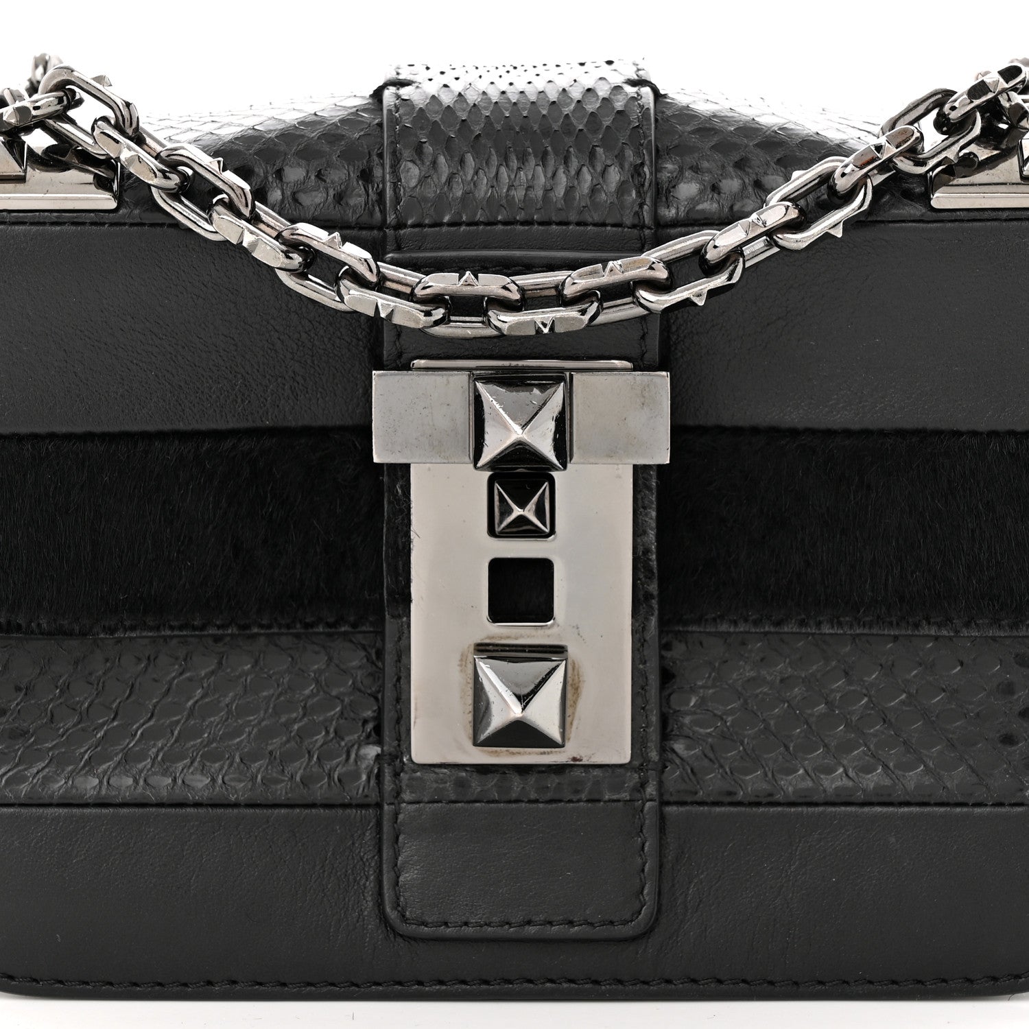 Valentino Garavani Snakeskin Embossed Vitello Calf Hair B-Rockstud Flap Black 7 of 11