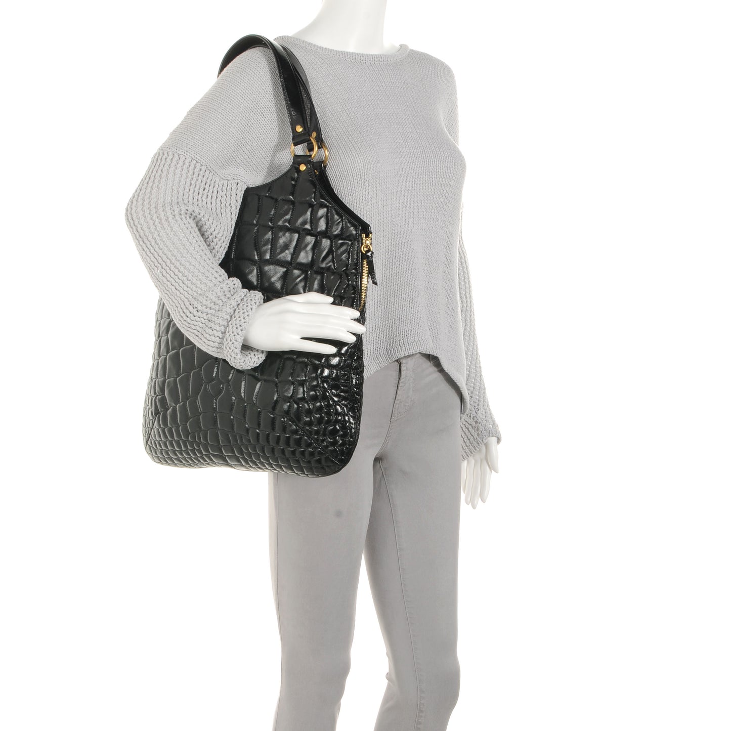 Patent Crocodile Embossed Tribute Tote Black