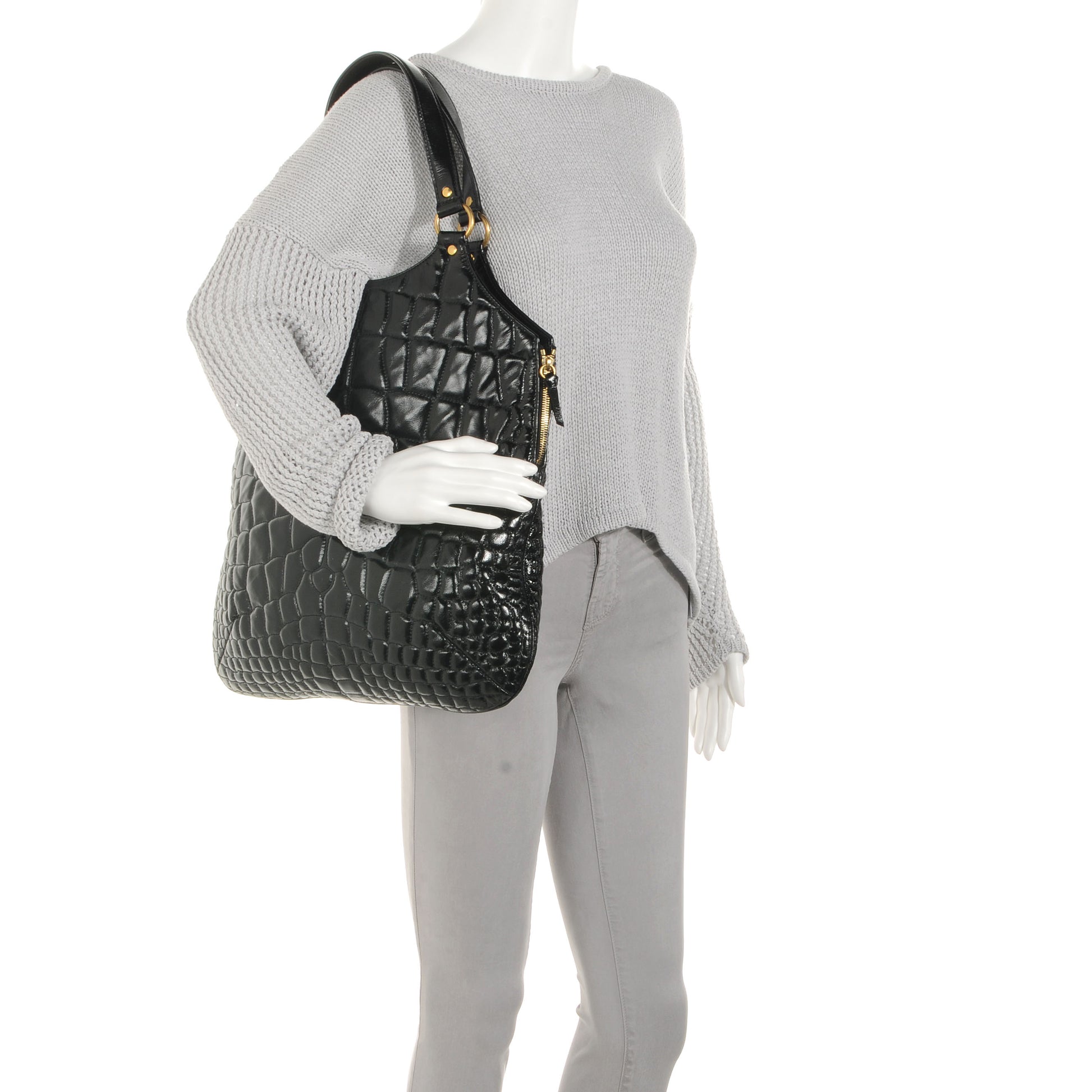 Saint Laurent Patent Crocodile Embossed Tribute Tote Black 2 of 7