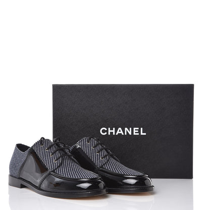 Chanel Tweed Patent CC Womens Lace Up Oxfords 39 Navy Grey Black 8 of 8