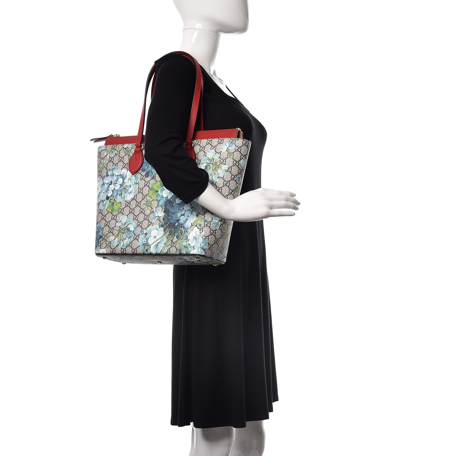 Gucci GG Supreme Monogram Blooms Medium Zippered Bucket Tote Beige Blue Navy Hibiscus Red 2 of 9
