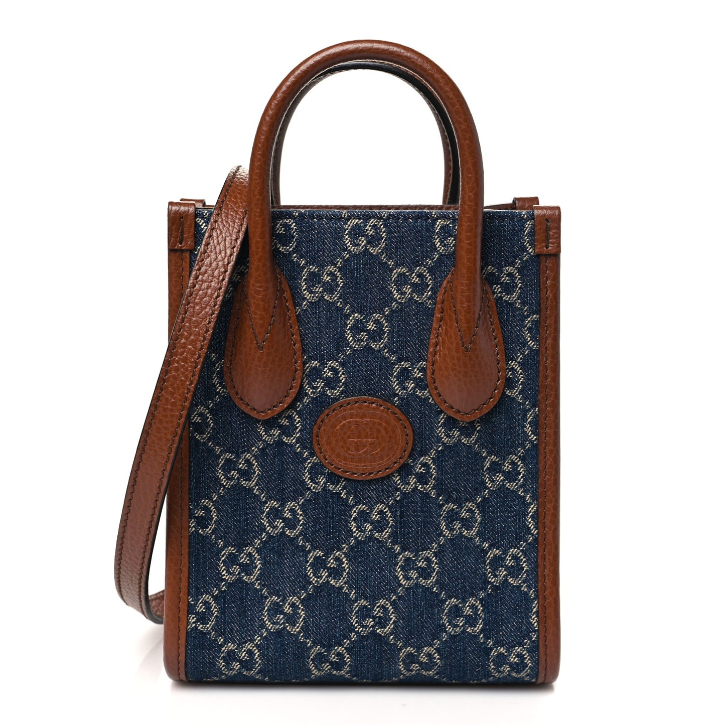 New Denim GG Monogram Dollar Calfskin Mini Retro Interlocking G Tote Bag Blue Tea Cuir Epilog