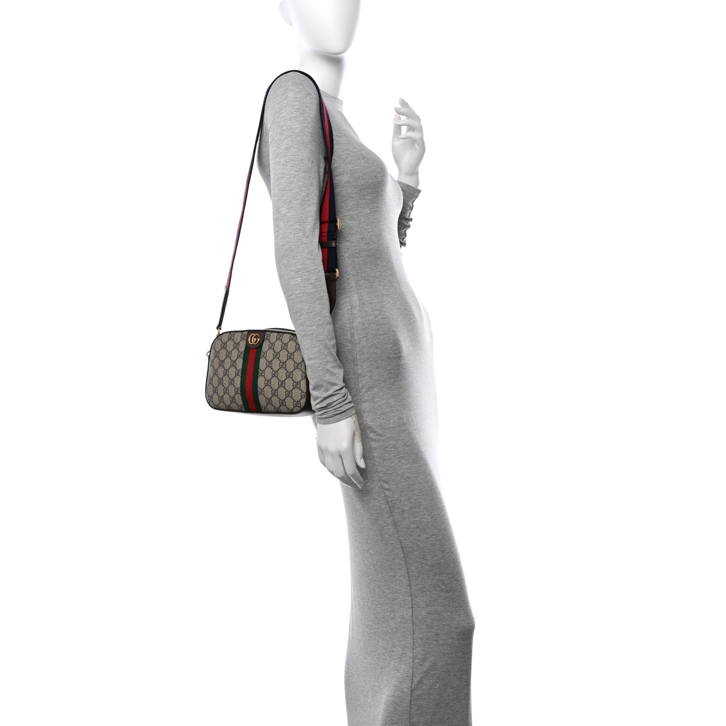 GG Supreme Monogram Textured Dollar Calfskin Web Ophidia Wristlet Shoulder Bag Beige Ebony New Acero