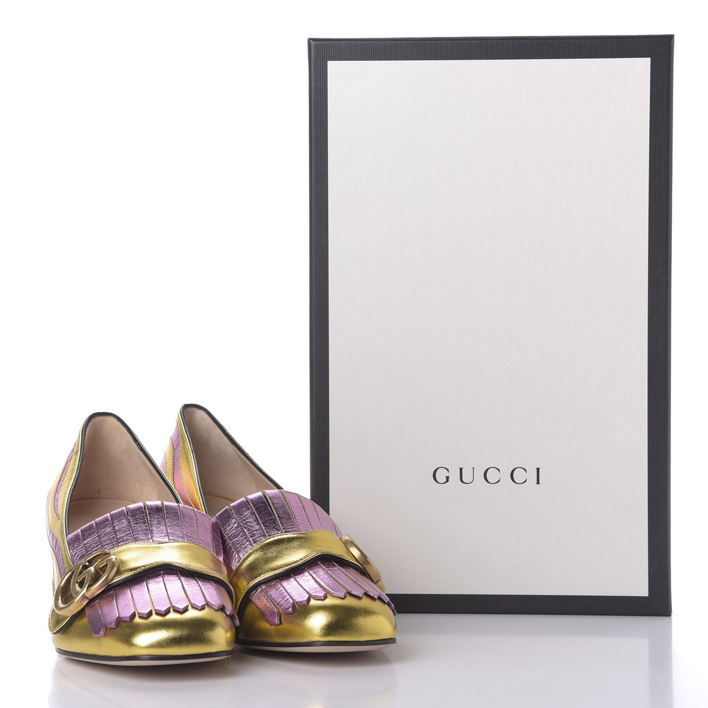Metallic Nappa Inlay GG Marmont Fringe 50mm Loafer Pumps 36.5 Oro Vecchio Rosa