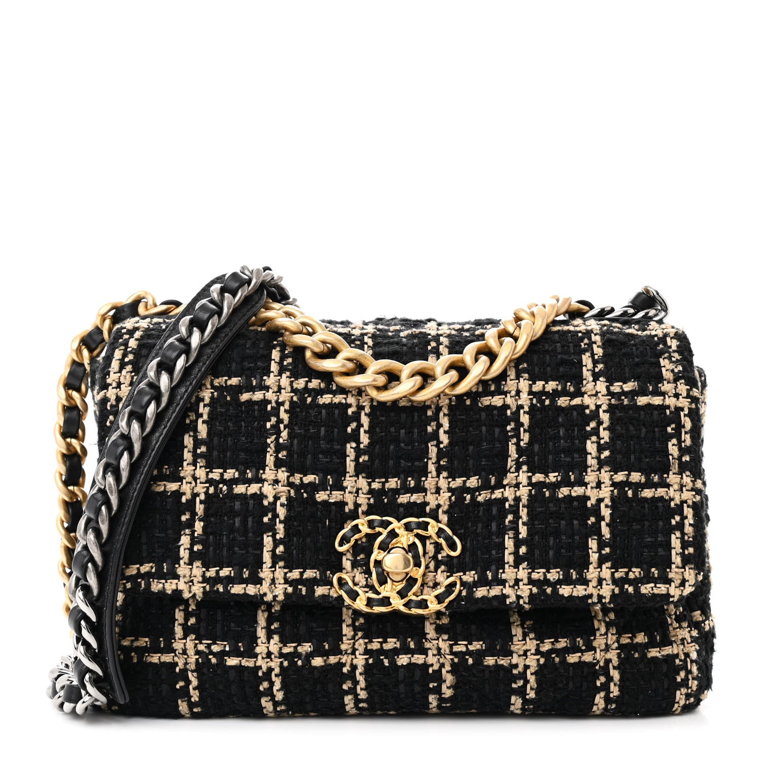 Chanel Tweed Quilted Medium Chanel 19 Flap Black Beige 1 of 10