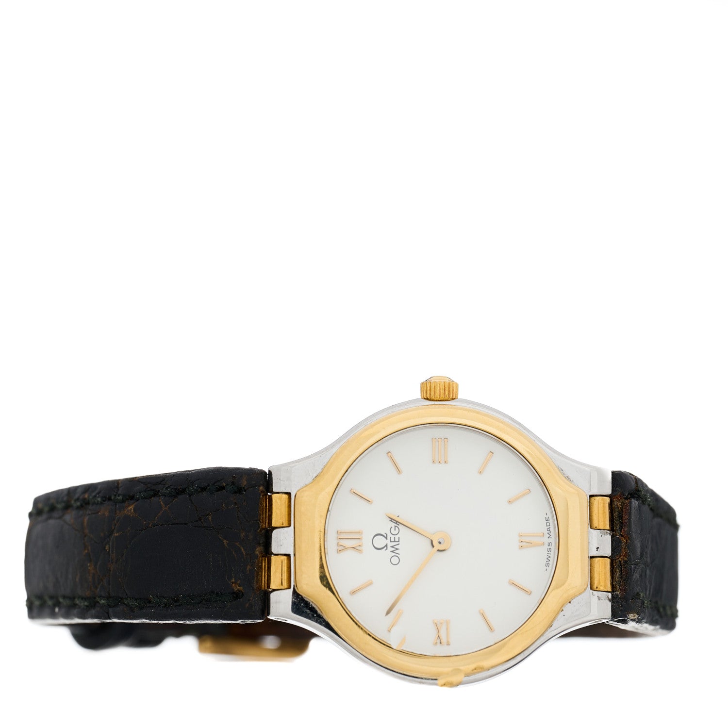 Omega Stainless Steel 18K Yellow Gold Alligator 23mm De Ville Quartz Watch White 595.0101 2 of 4